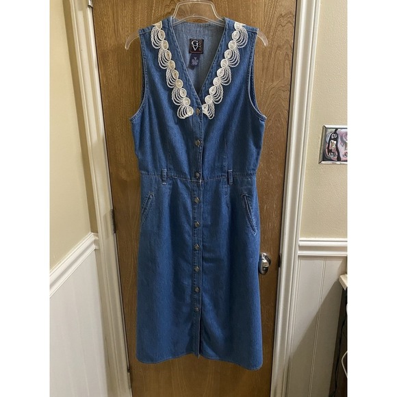 GV Gloria Vanderbilt Vintage Denim Lace Accent Sleeveless Button Maxi Dress Sz M - Picture 1 of 9